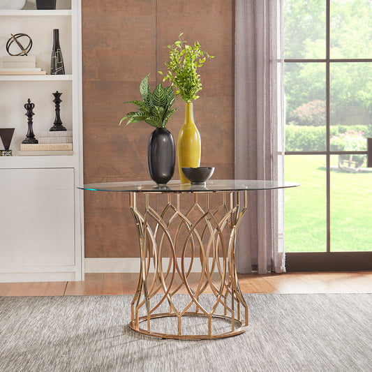 Champagne Base Glass Top Round Dining Table