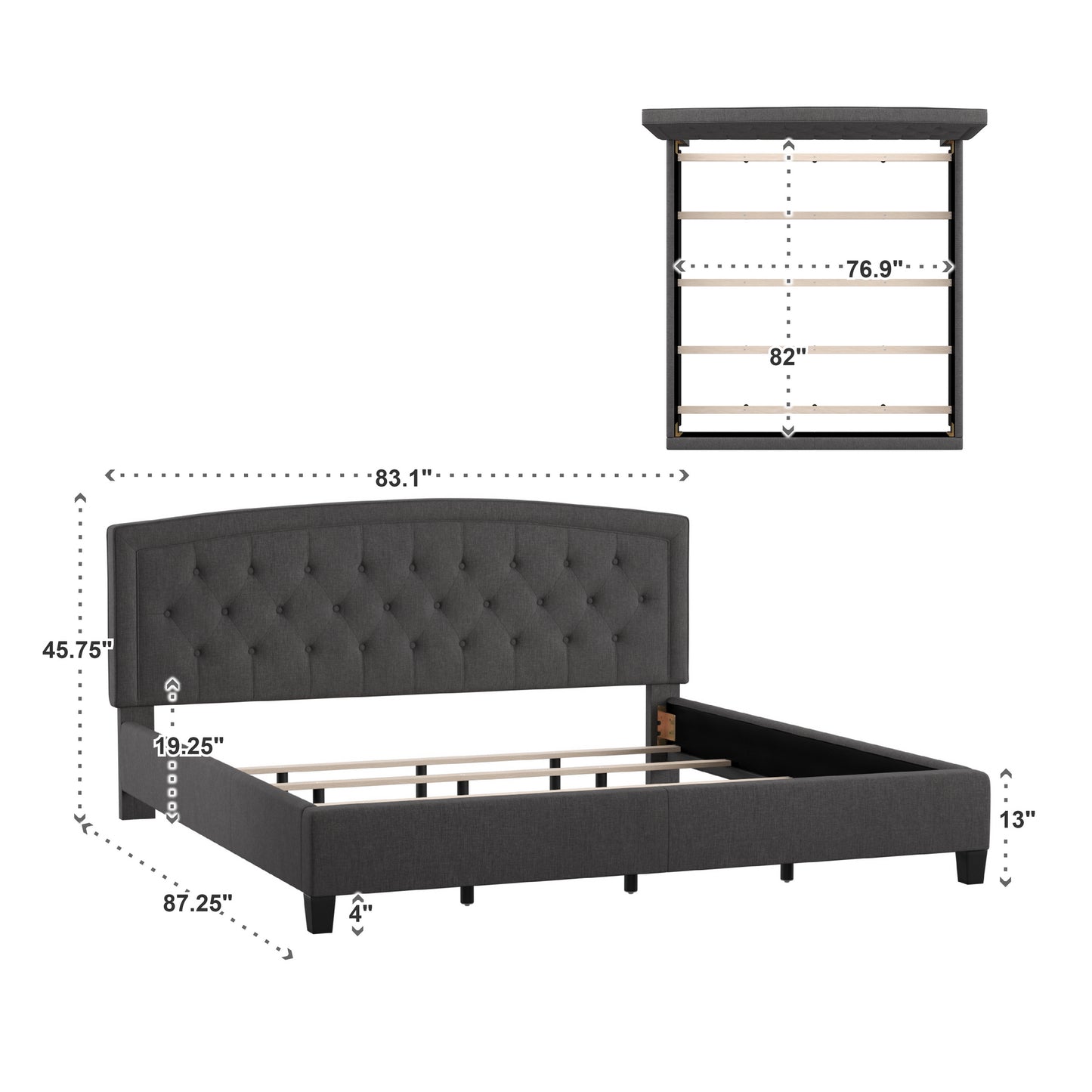 Adjustable Diamond-Tufted Arch-Back Bed - Charcoal, King