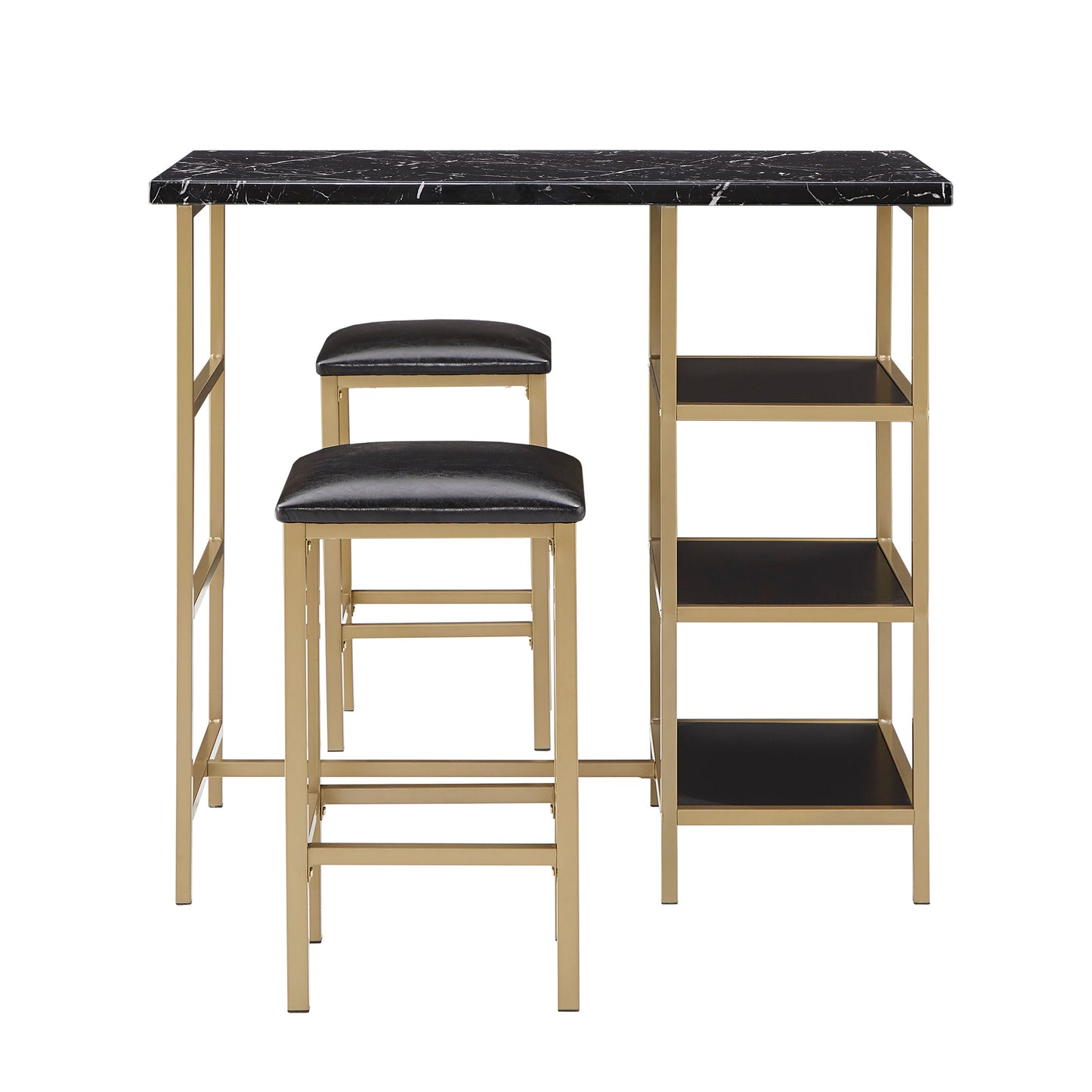 Counter Height Metal Table Set with Faux Marble Top - Gold Finish Base and Black Faux Marble Top