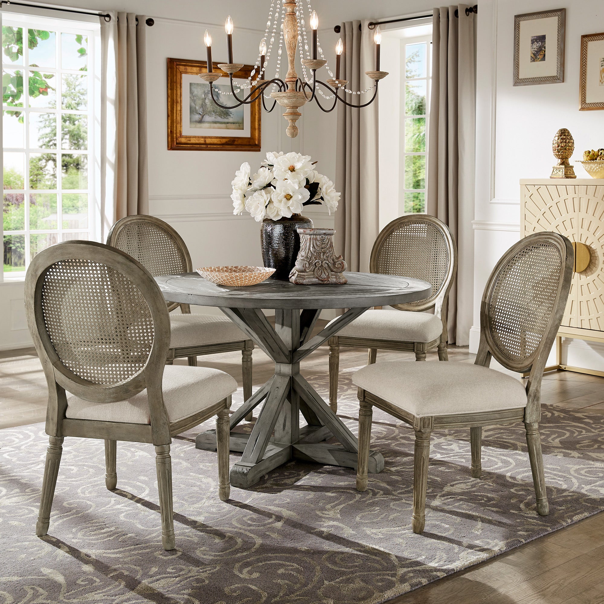 Round Linen and Wood Dining Chairs (Set of 2) - Cane Back, Antique Grey Oak Finish, Beige