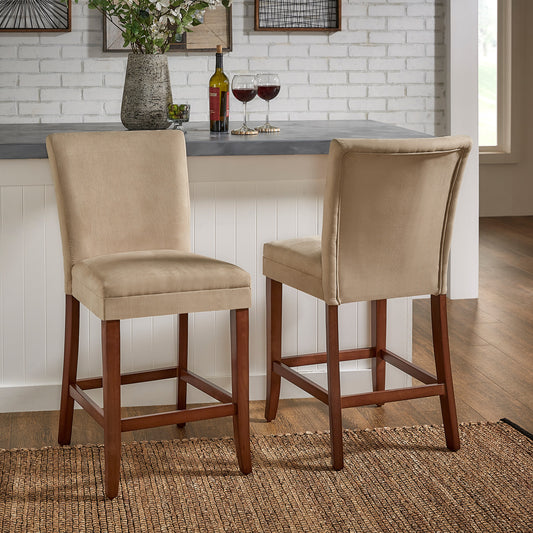 Classic Upholstered High Back Counter Height Chairs (Set of 2) - Cherry Finish, Light Brown Microfiber