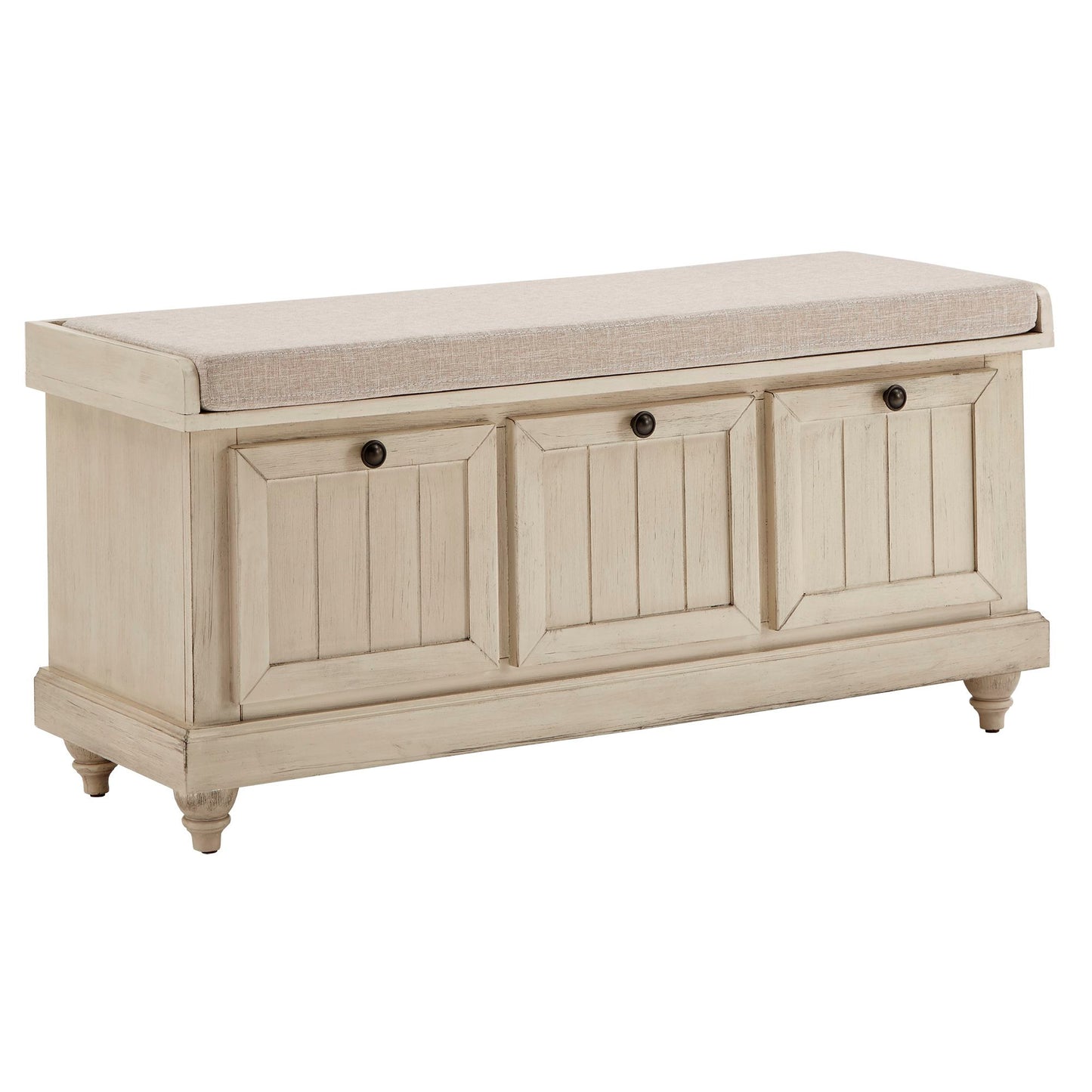Storage Bench with Linen Seat Cushion - Antique White Finish