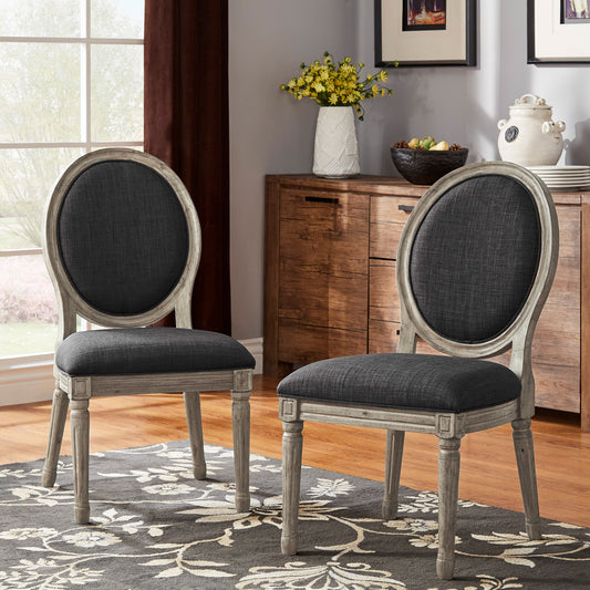 Round Linen and Wood Dining Chairs (Set of 2) - Dark Grey Linen, Antique Grey Oak Finish