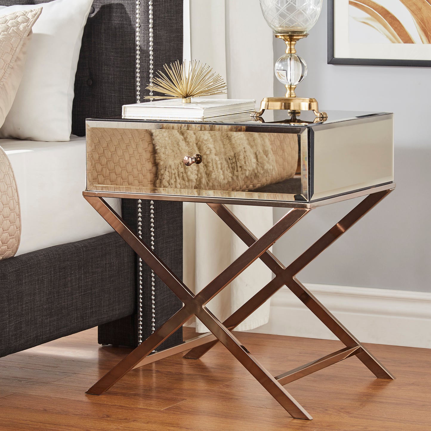 X-Base Mirrored Accent Campaign Table - Champagne Gold