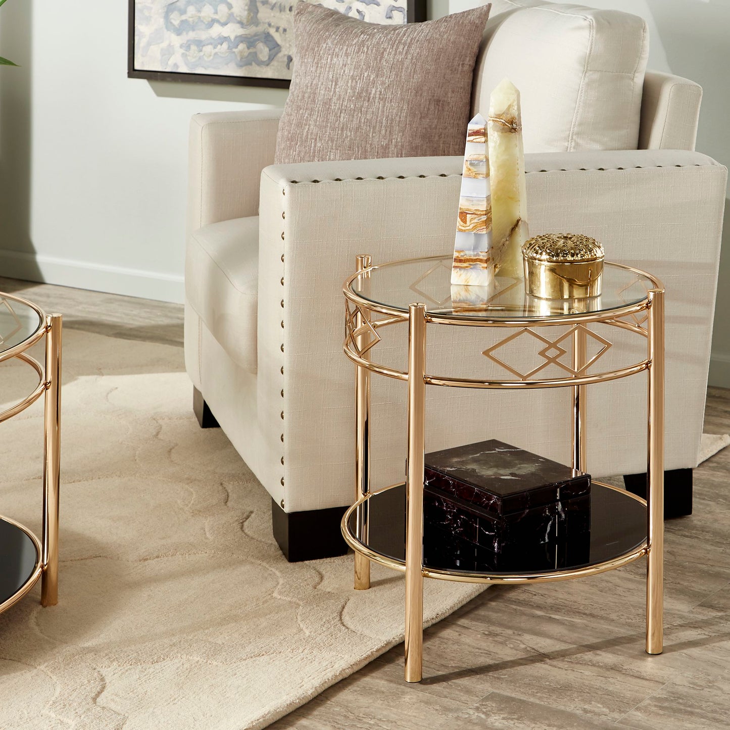 Rose Gold Finish Black Tempered Glass Metal End Table