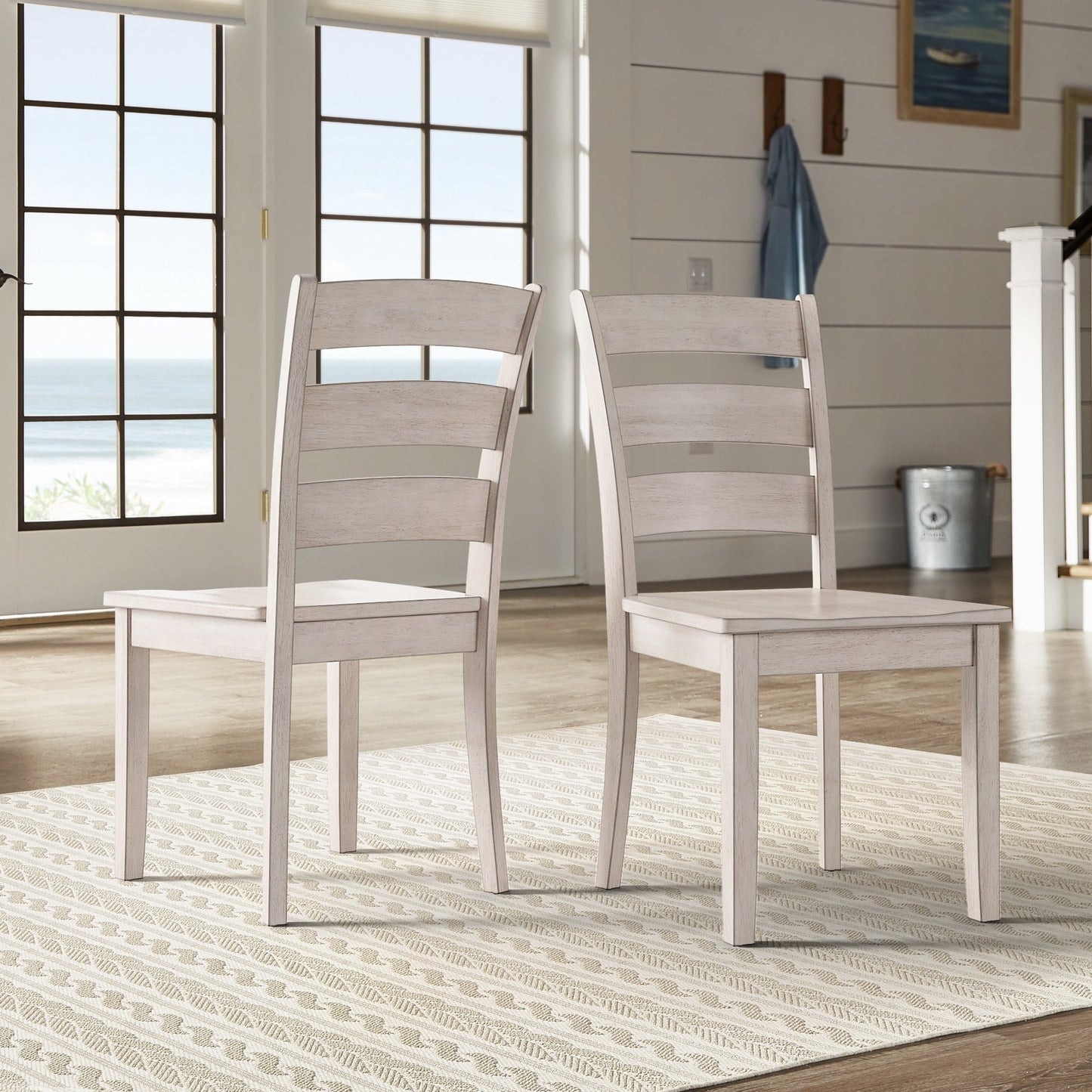 Oak Wood Finish 48-inch Rectangle Dining Set - Antique White Finish, Ladder Back Chairs