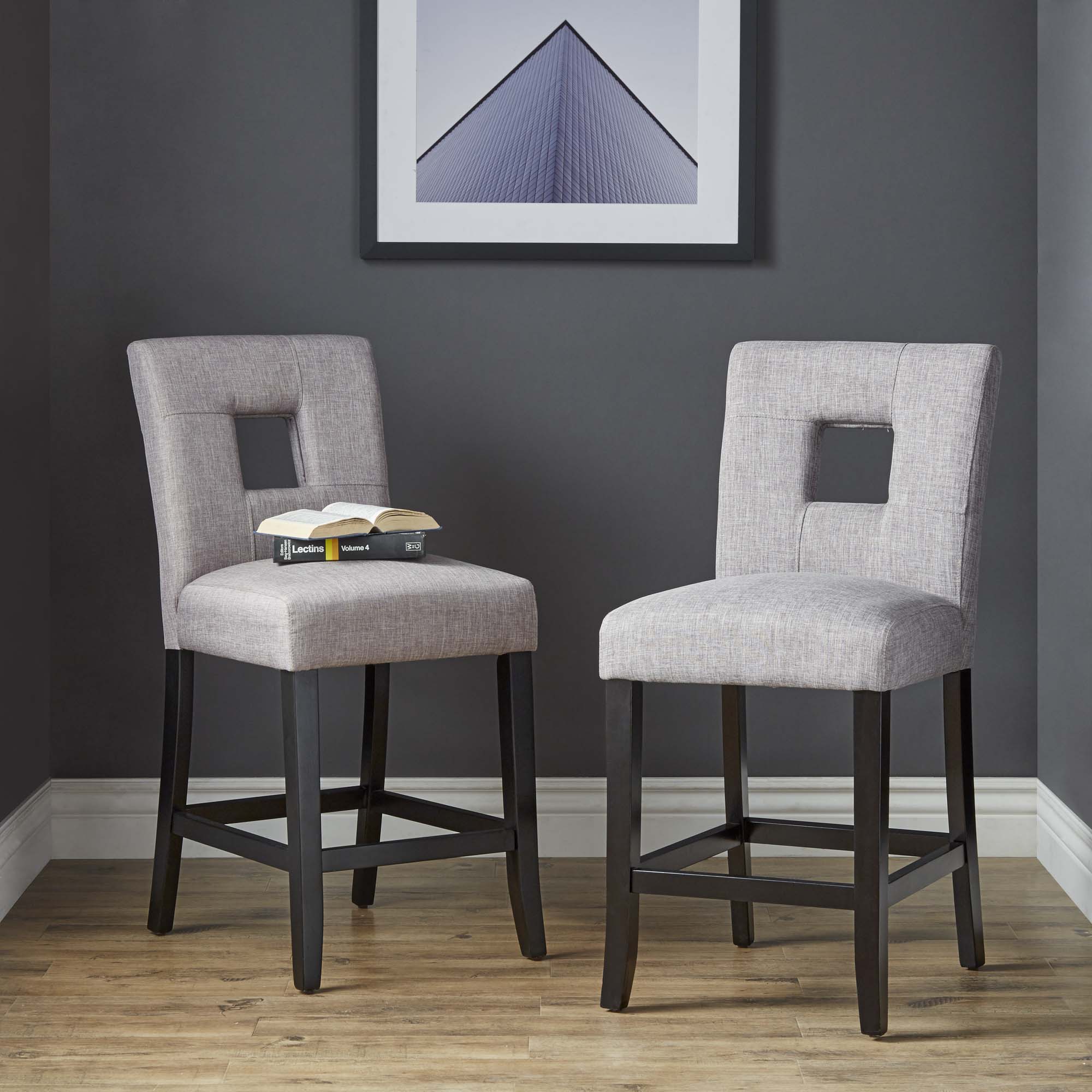 Keyhole Counter Height High Back Stools (Set of 2) Grey Linen by
