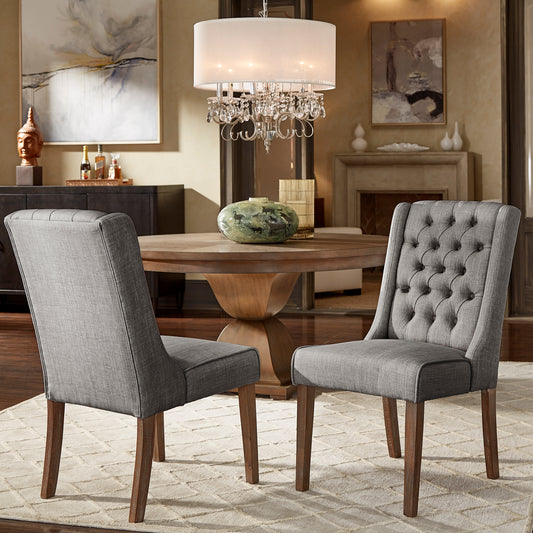 Linen Tufted Wingback Dining Chairs (Set of 2) - Chestnut Finish, Grey Linen