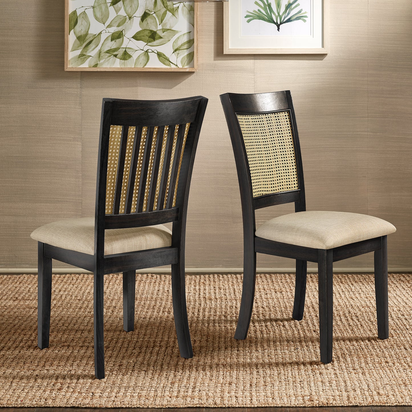 Cane Accent Dining - Slat Back Chair (Set of 2), Antique Black Finish, Beige Linen