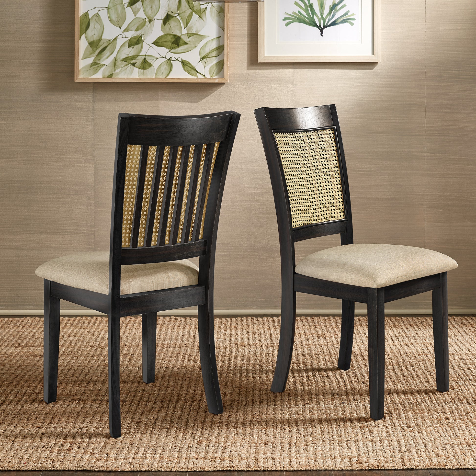 Cane Accent Dining - Slat Back Chair (Set of 2), Antique Black Finish, Beige Linen by Inspire Q Classic