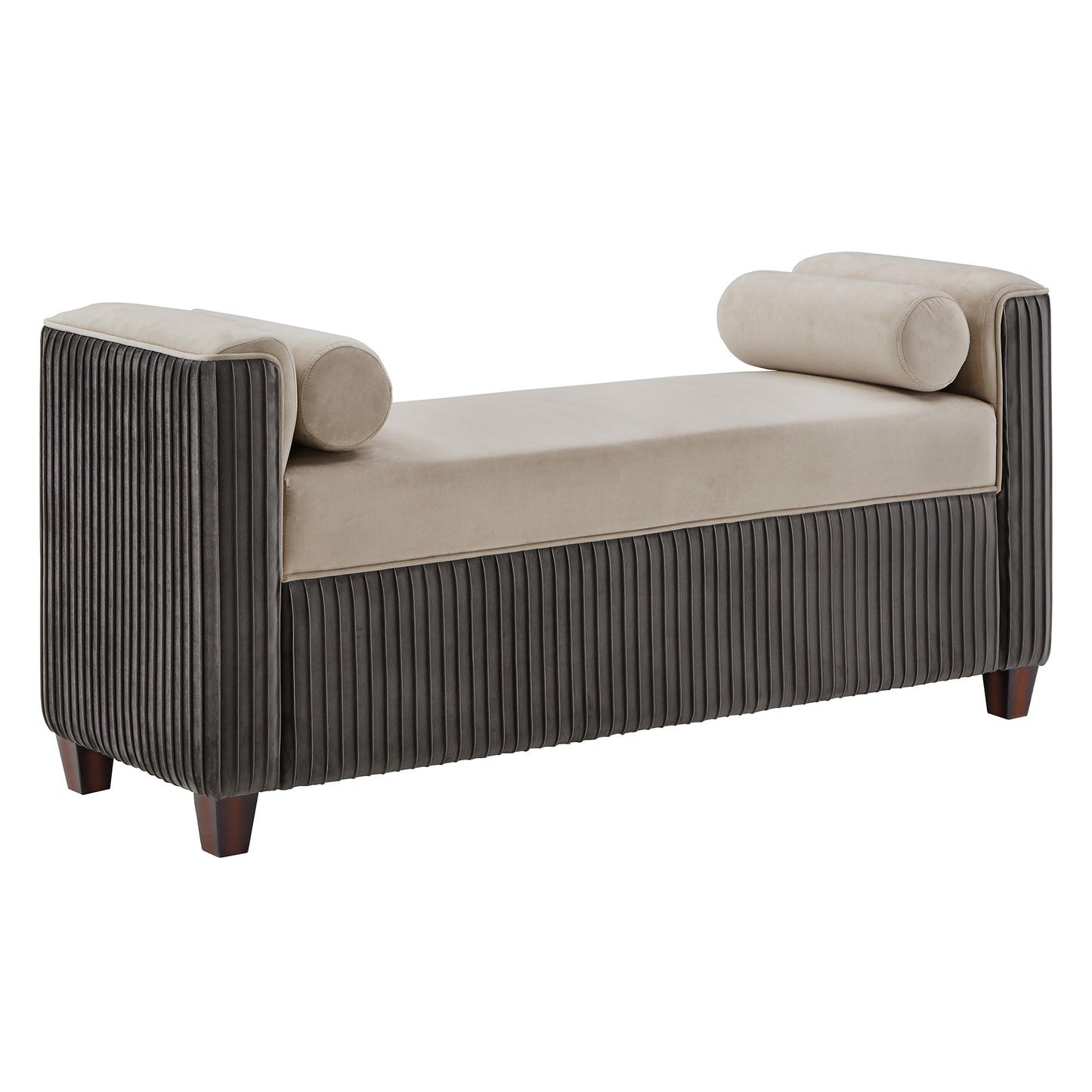Chesterfield Pleated Velvet Bench with Pillows - Taupe and Grey