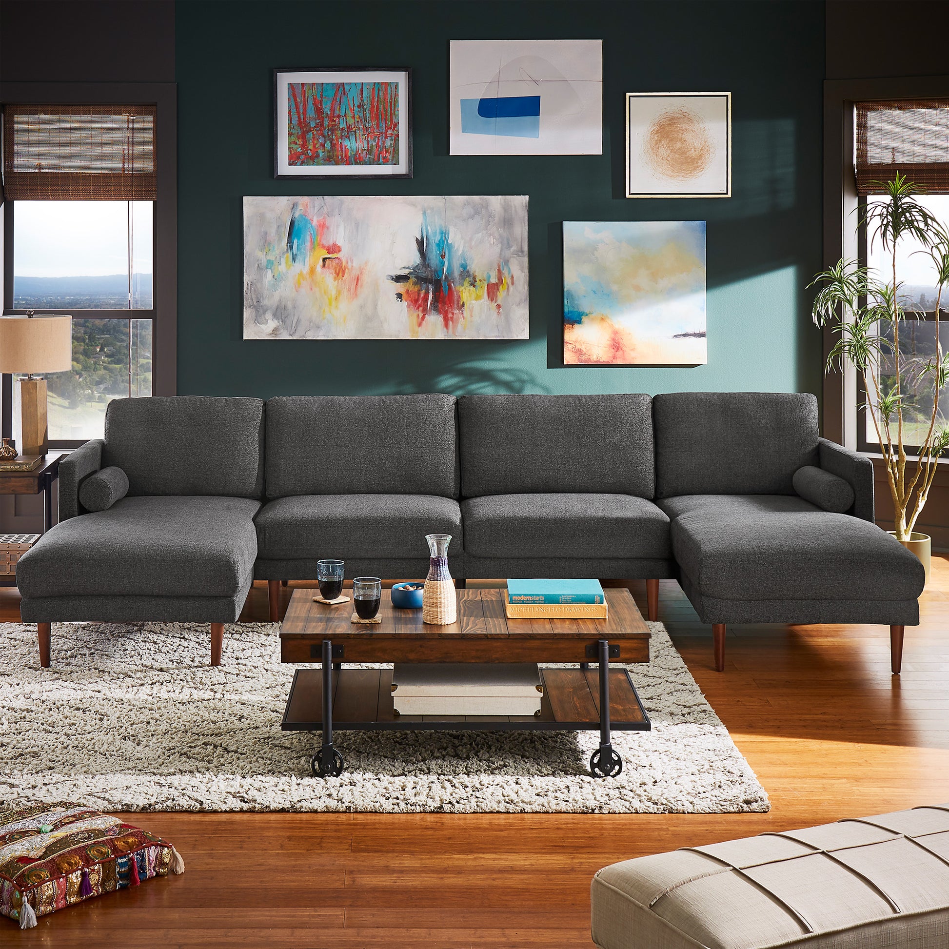 Mid Century Upholstered Sectional Sofa Black 4 Seat With Two Chaises By Inspire Q Modern Home