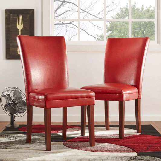Faux Leather Parsons Dining Chairs (Set of 2) - Cherry Finish, Red Vinyl