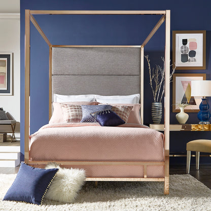 Metal Canopy Bed with Linen Panel Headboard - Grey Linen, Champagne Gold Finish, Queen Size