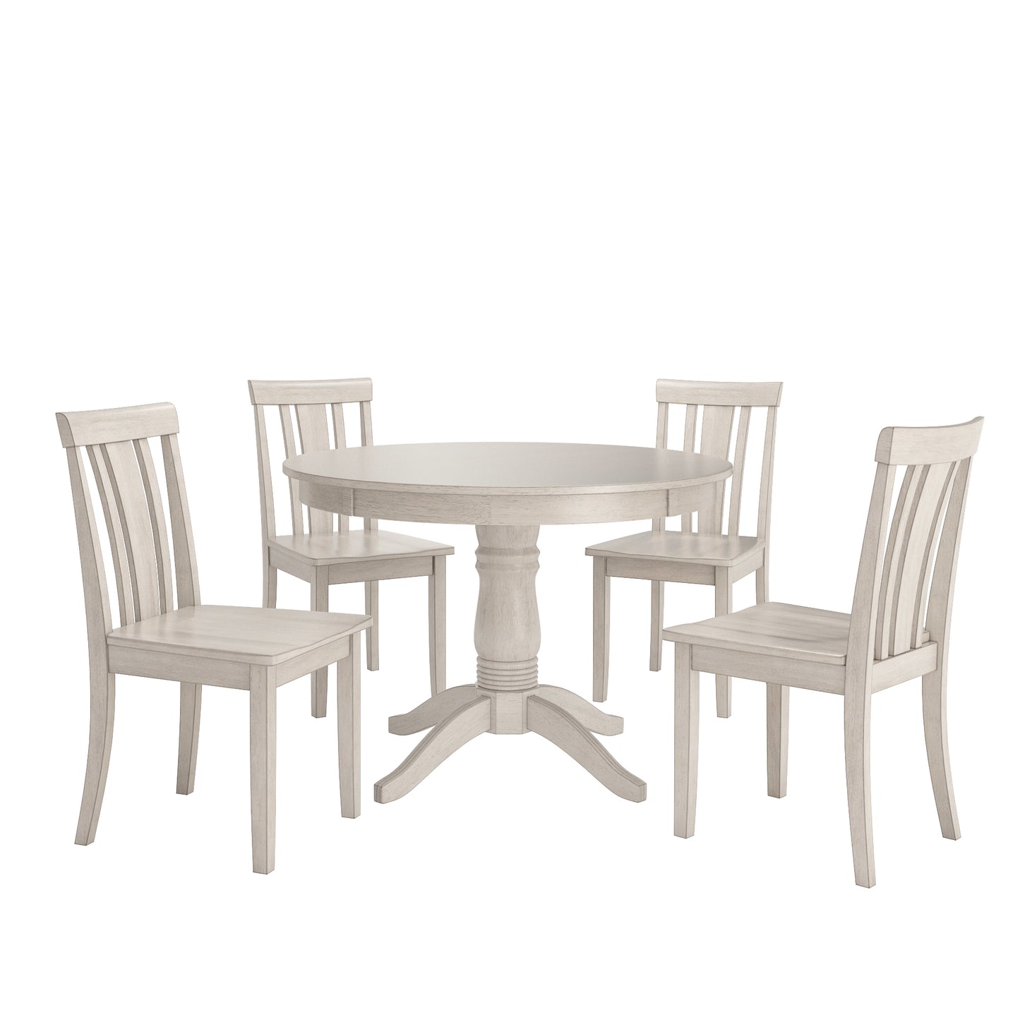 Round Pedestal Base 5-Piece Dining Set - Antique White Finish, Slat Back