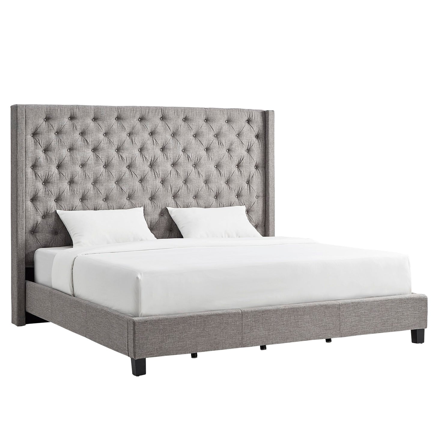 Wingback Button Tufted Tall Headboard Bed - Grey Linen, King