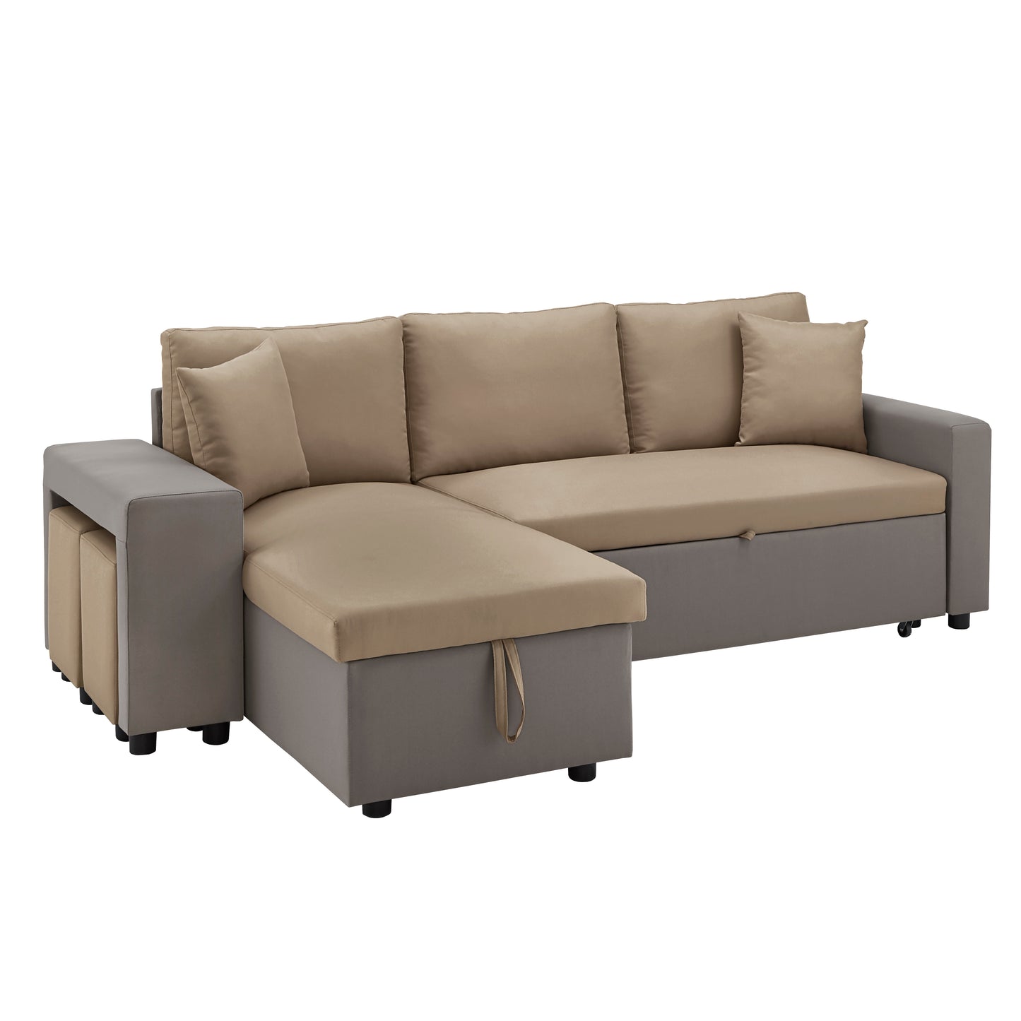 Multifunctional Two-Tone Fabric Convertible Chaise Sofa with Two Ottomans, Two Pillows, and Storage - Brown