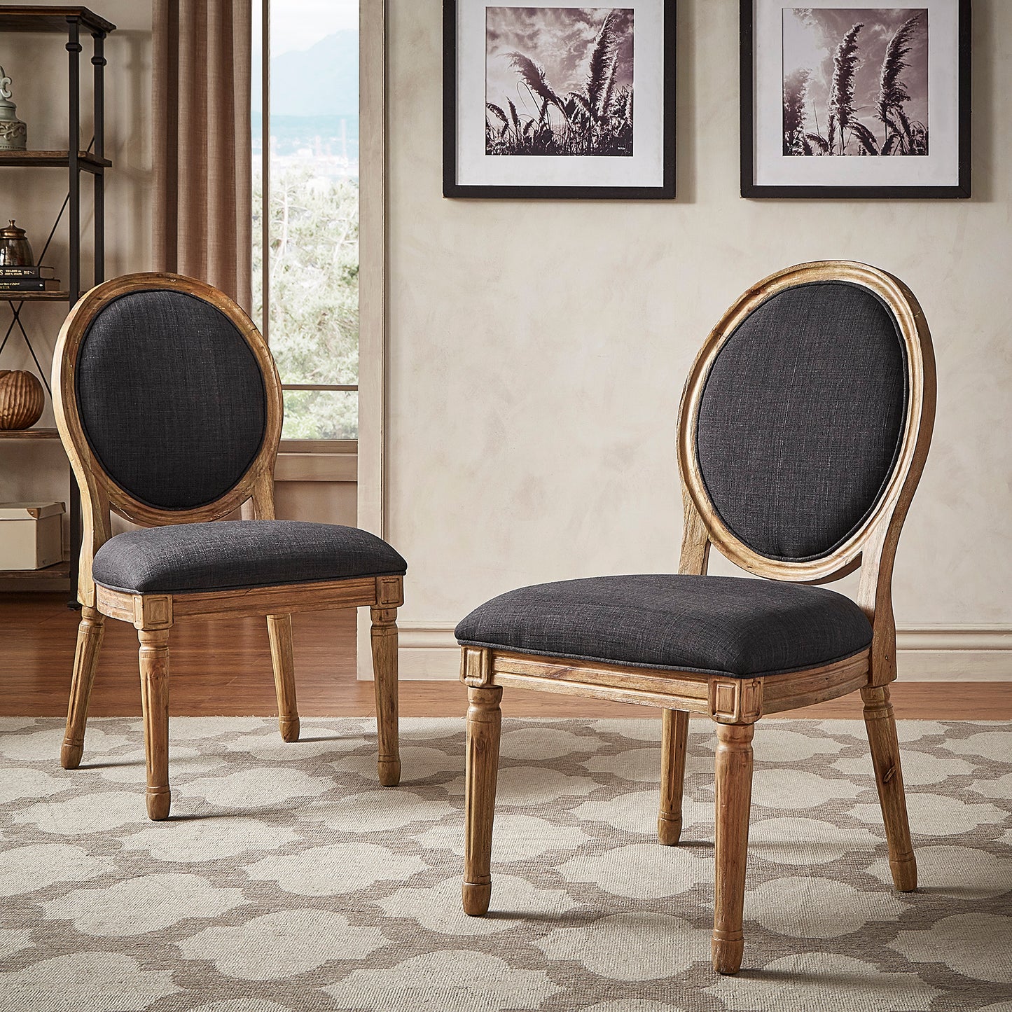 Round Linen and Wood Dining Chairs (Set of 2) - Dark Grey Linen, Natural Finish