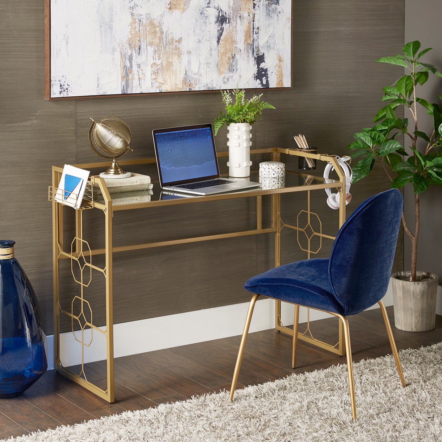 Octagon Pattern Gold Metal and Glass Desk