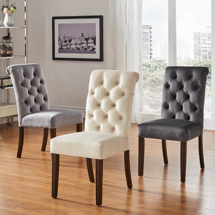 Tufted Rolled Back Parsons Chairs (Set of 2) - Espresso Finish, Beige Velvet