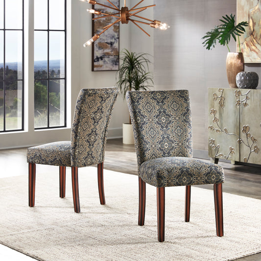 Print Parsons Dining Side Chairs (Set of 2) - Espresso Finish, Blue Print Fabric