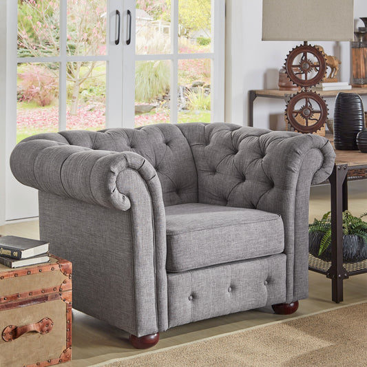 Tufted Scroll Arm Chesterfield Chair - Grey Linen