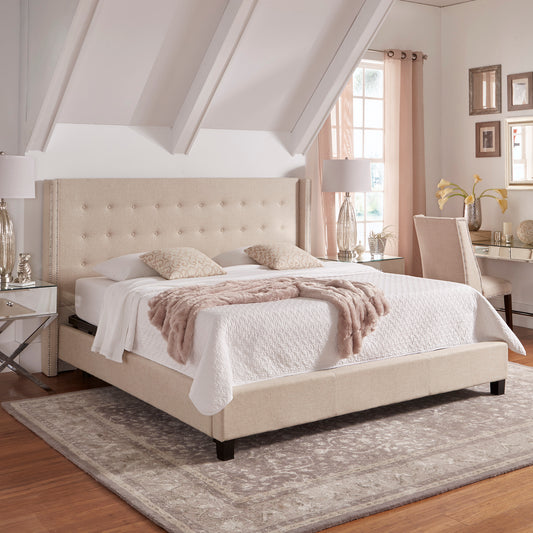 Nailhead Wingback Tufted Upholstered Bed - Beige Linen, King