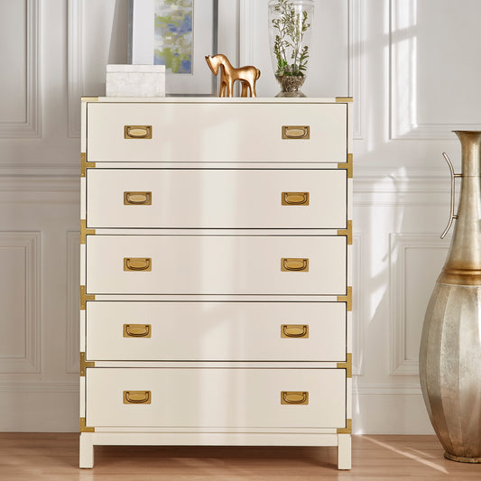 5-Drawer Gold Accent Campaign Chest - White