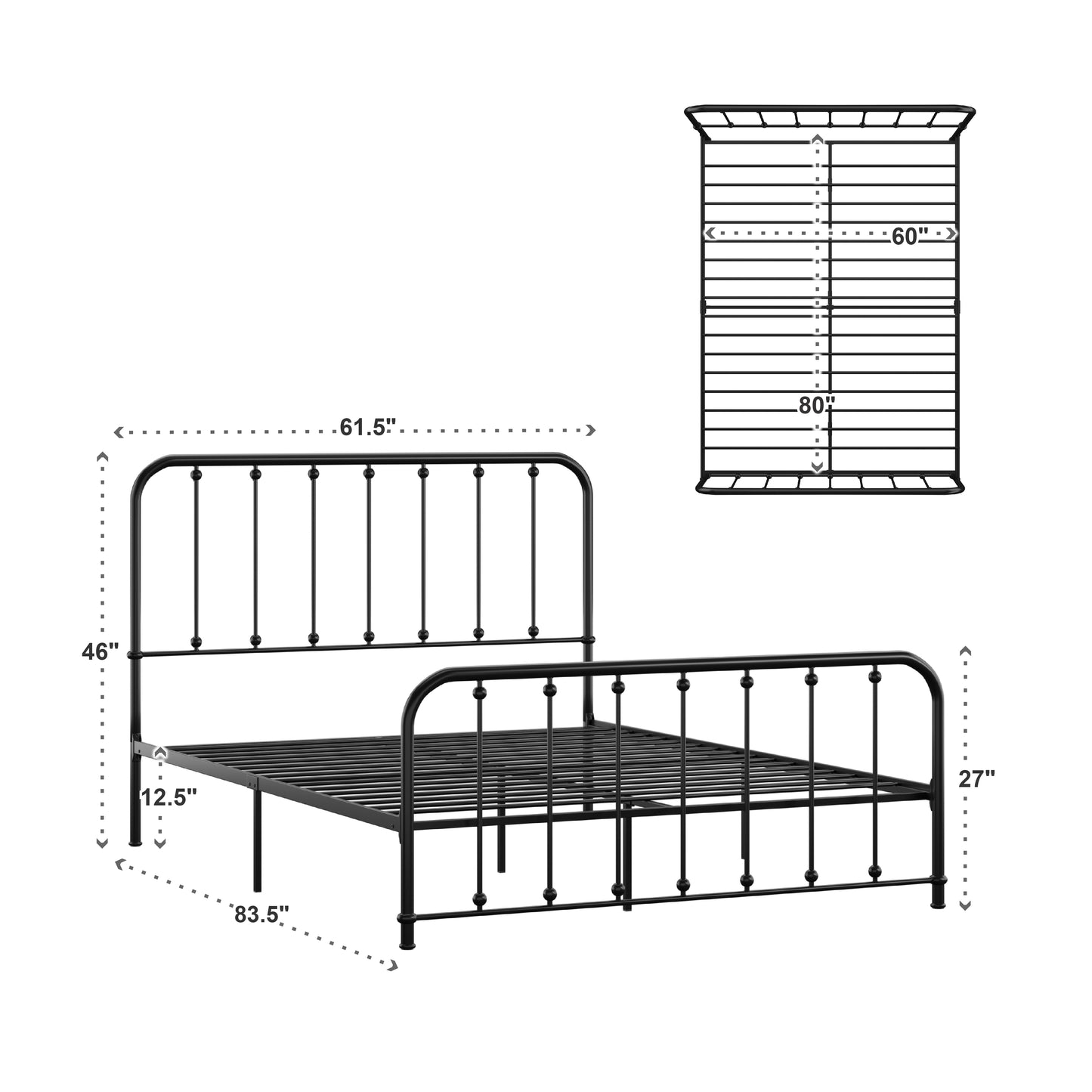 Beaded Spindle Metal Platform Bed - Black, Queen Size (Queen Size)