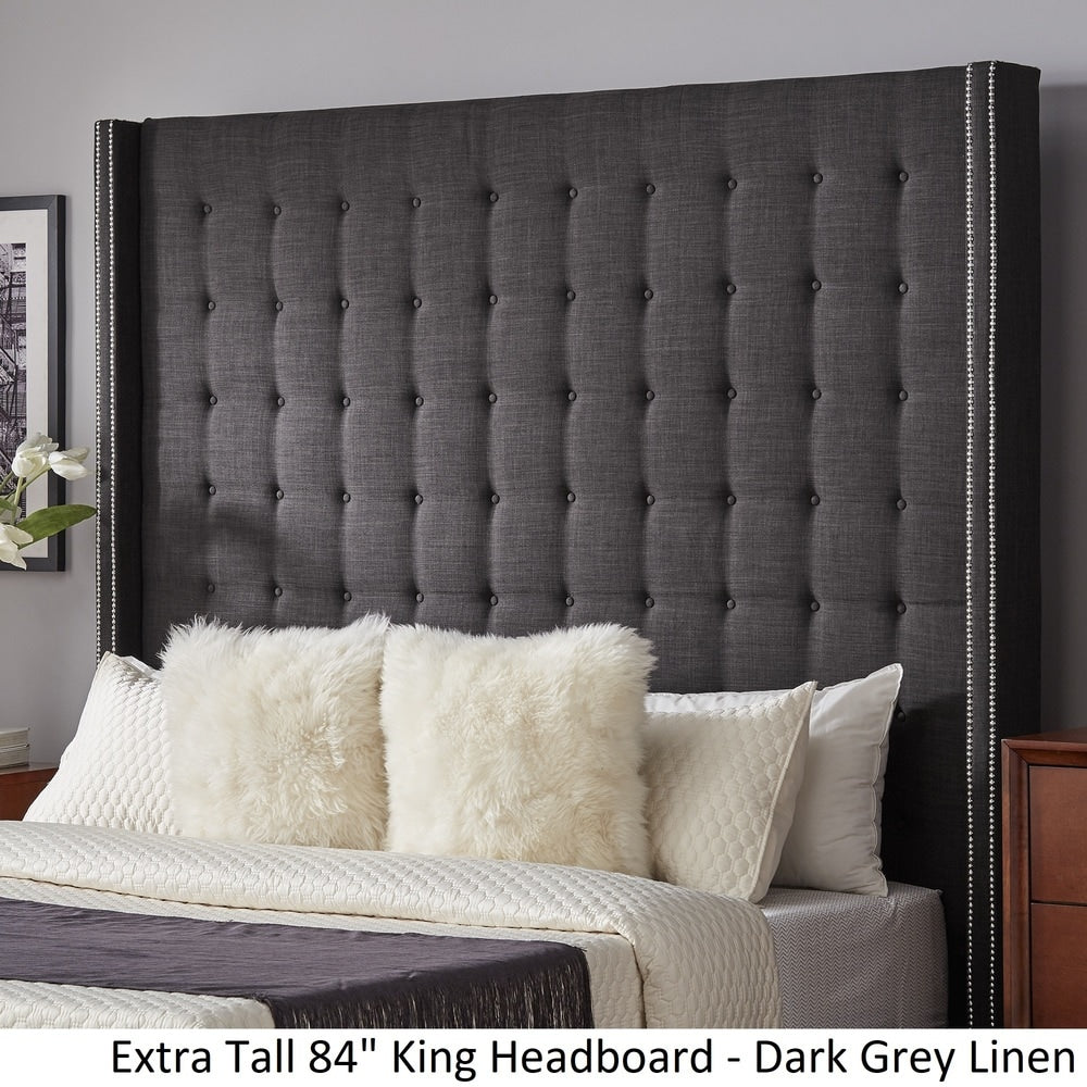 Nailhead Wingback Tufted Tall Headboard - Dark Grey Linen, 84-inch Height, King Size