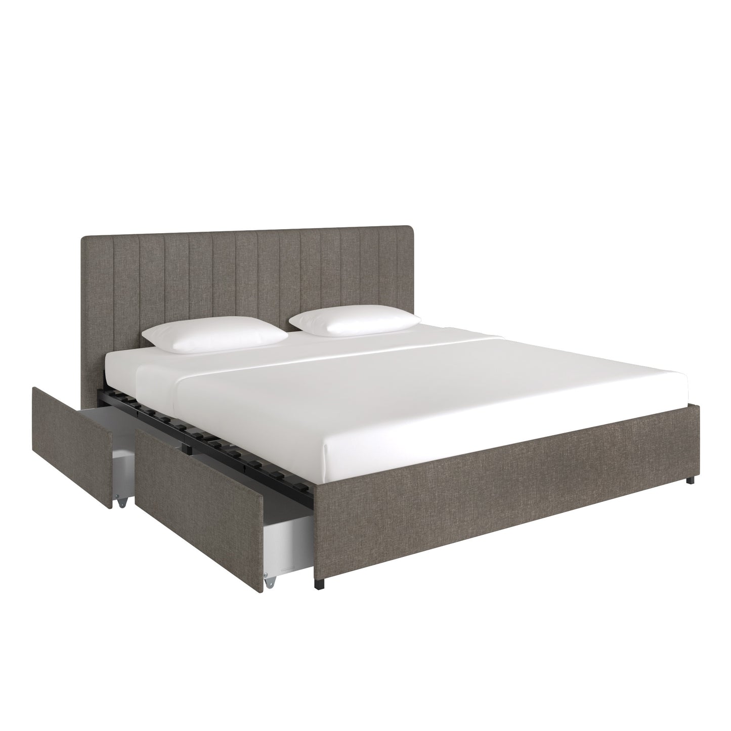 Grey Linen Upholstered Storage Platform Bed with Channel Headboard - King (King Size)