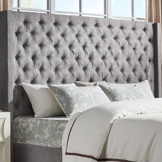 Wingback Button Tufted Linen Fabric Headboard - Grey, 65-inch Height, King Size