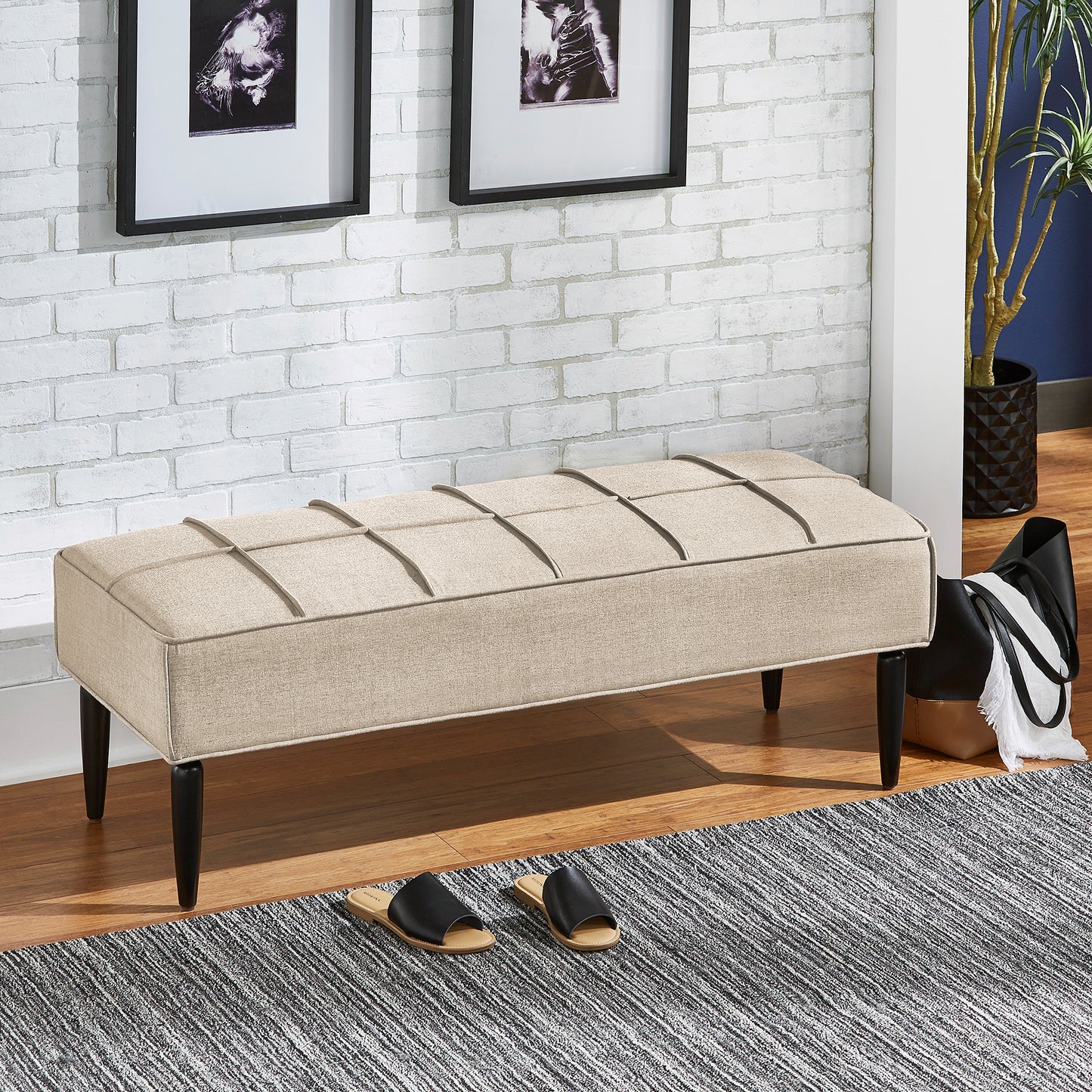 Black Finish Linen Upholstered Bench - Beige