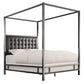 Metal Canopy Bed with Upholstered Headboard - Black Bonded Leather, Black Nickel Finish, Queen Size