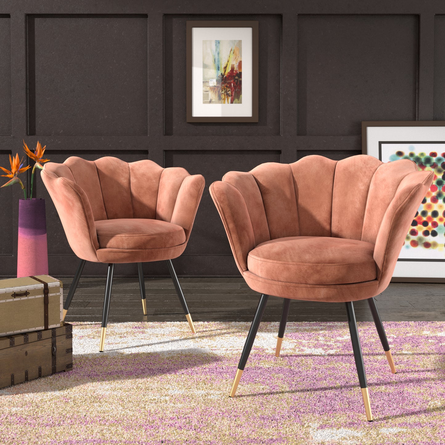 Black and Gold Metal Leg Velvet Seashell Accent Chairs (Set of 2) - Salmon Pink