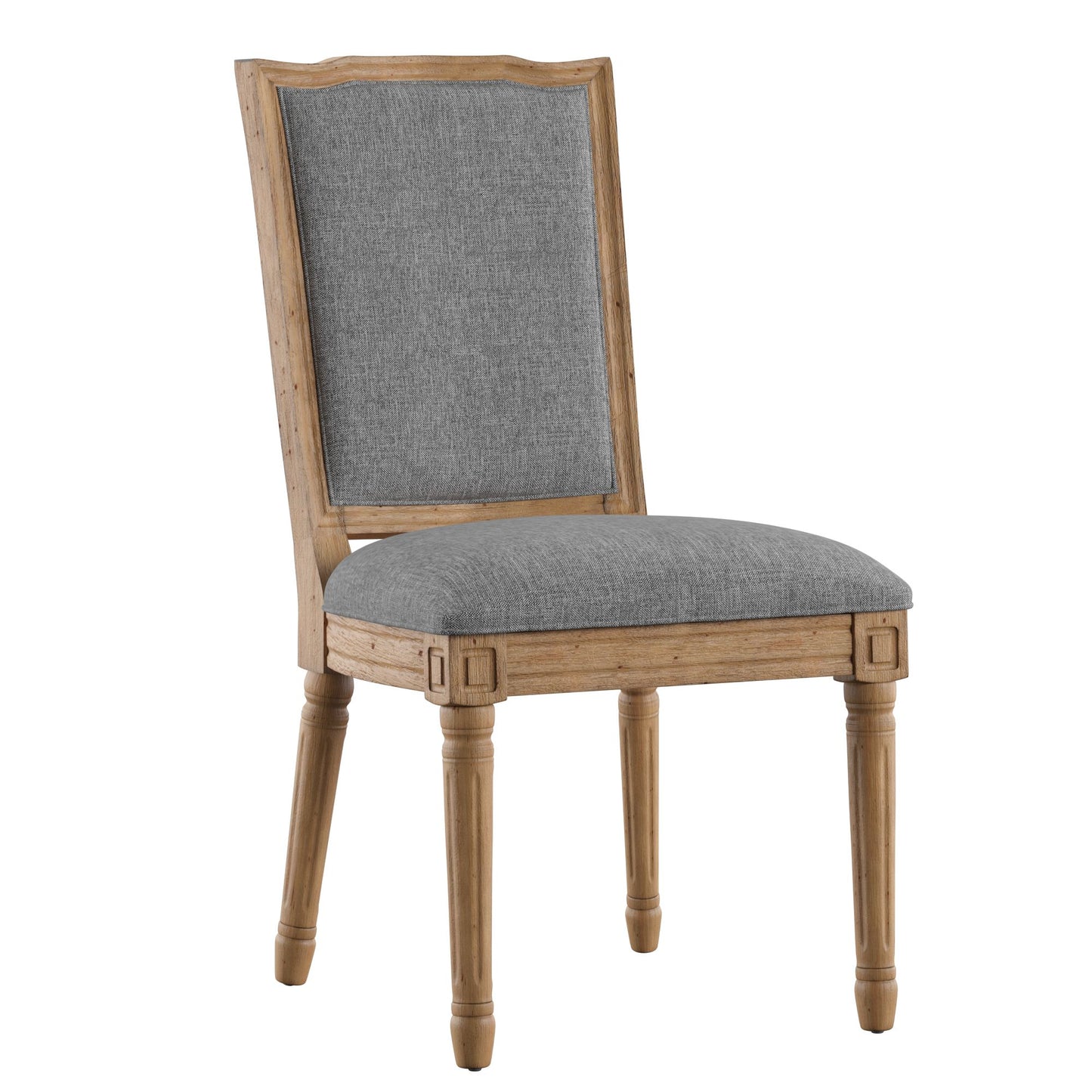 Ornate Linen and Wood Dining Chairs (Set of 2) - Grey Linen, Natural Finish