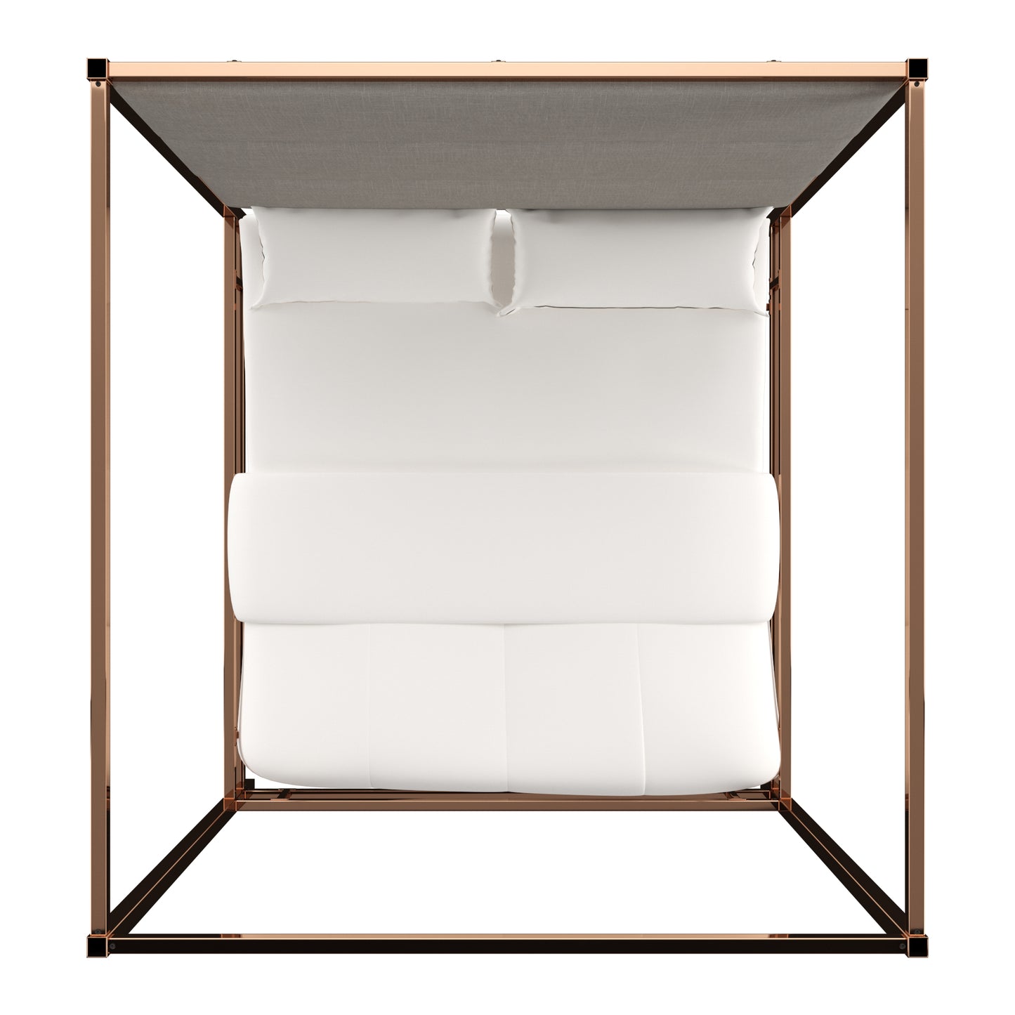 Metal Canopy Bed with Linen Panel Headboard - Grey Linen, Champagne Gold Finish, King Size