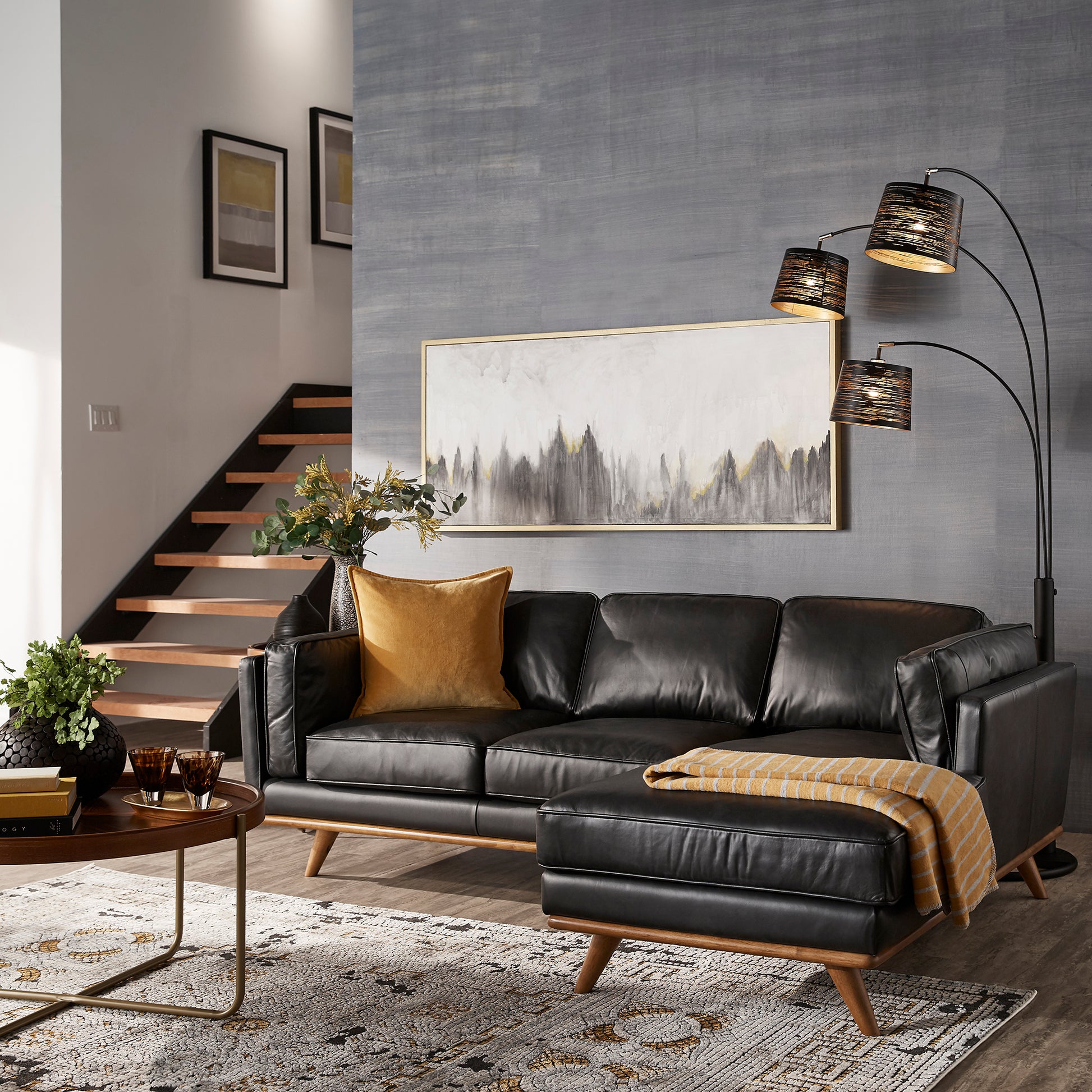 Black Oxford Leather Sectional Sofa