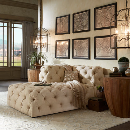 Beige Linen Tufted Chesterfield Sectional Chaise Lounge - Left Facing
