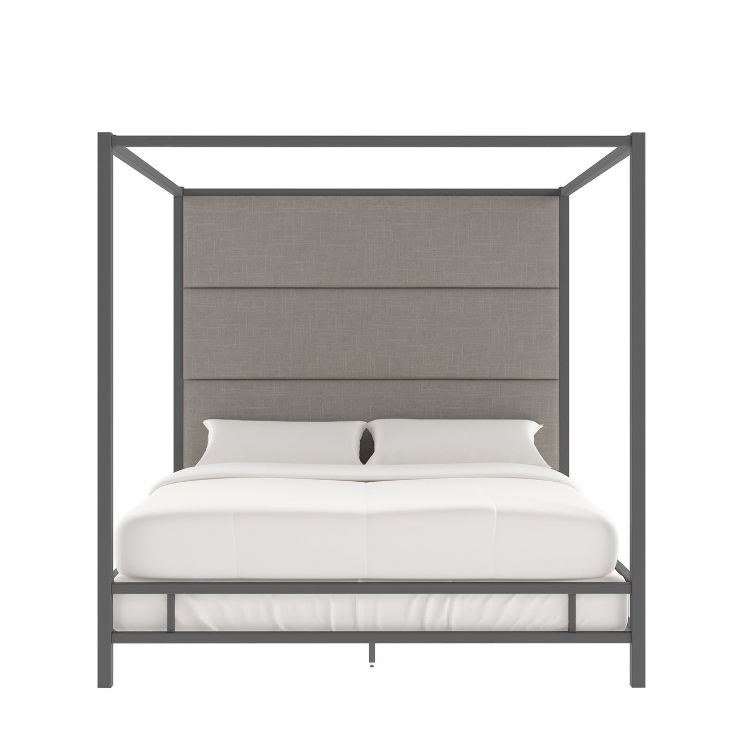 Metal Canopy Bed with Linen Panel Headboard - Grey Linen, Black Nickel Finish, King Size
