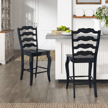 French Ladder Back Wood Counter Height Chairs (Set of 2) - Antique Dark Denim Blue