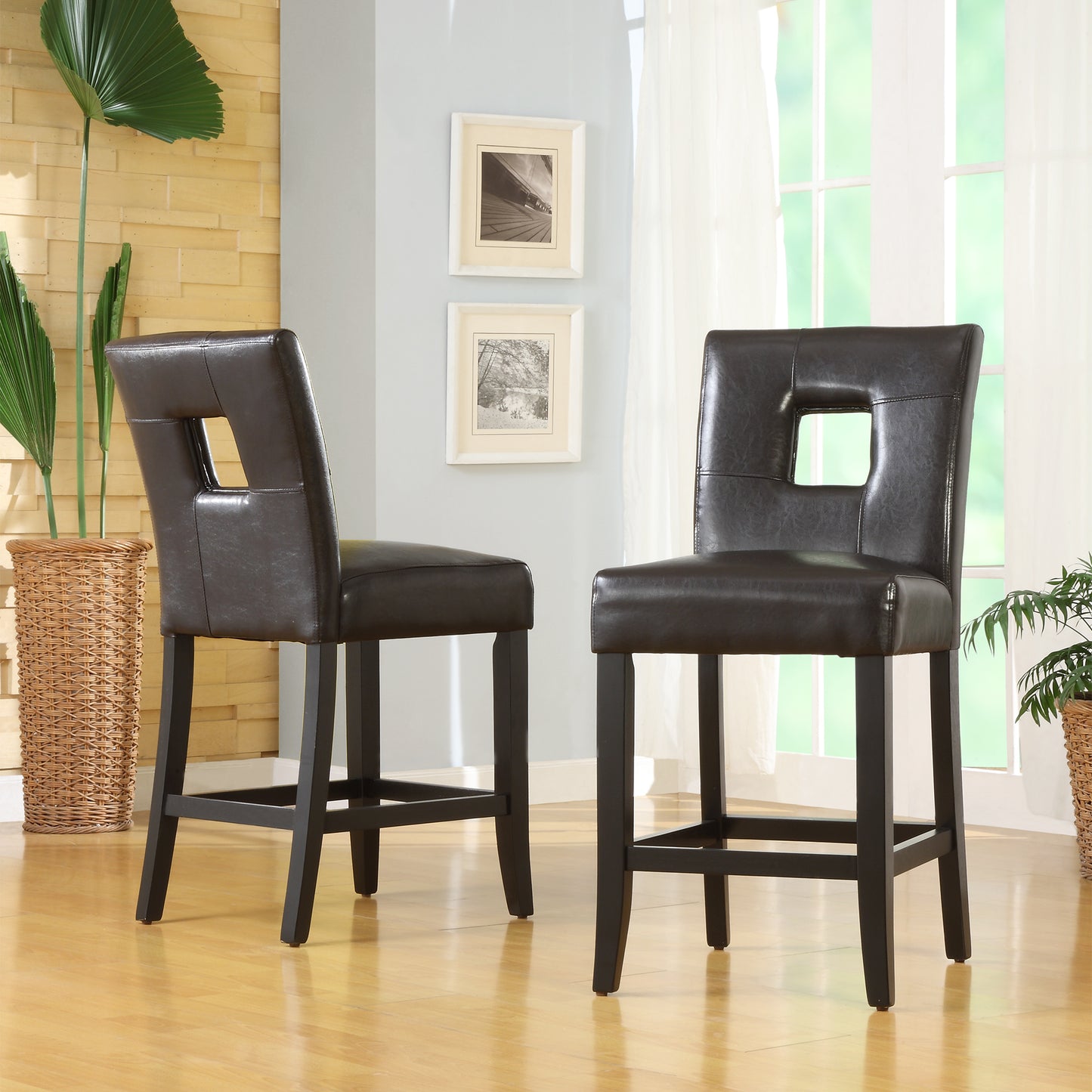 Keyhole Counter Height High Back Stools (Set of 2) - Dark Brown Faux Leather