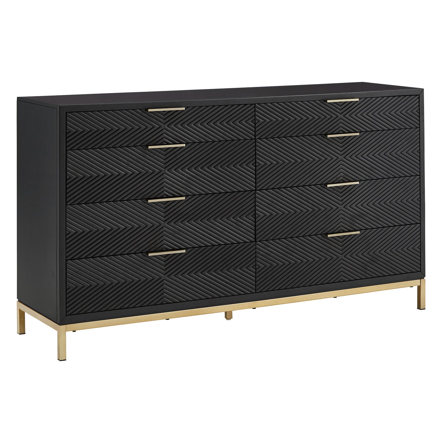 64" Wide 8 - Drawer Dresser - Black Finish, Gold Accent, Dresser Only