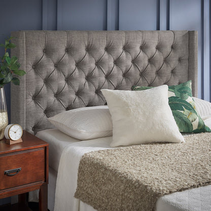 Wingback Button Tufted Linen Fabric Headboard - Grey, Queen Size