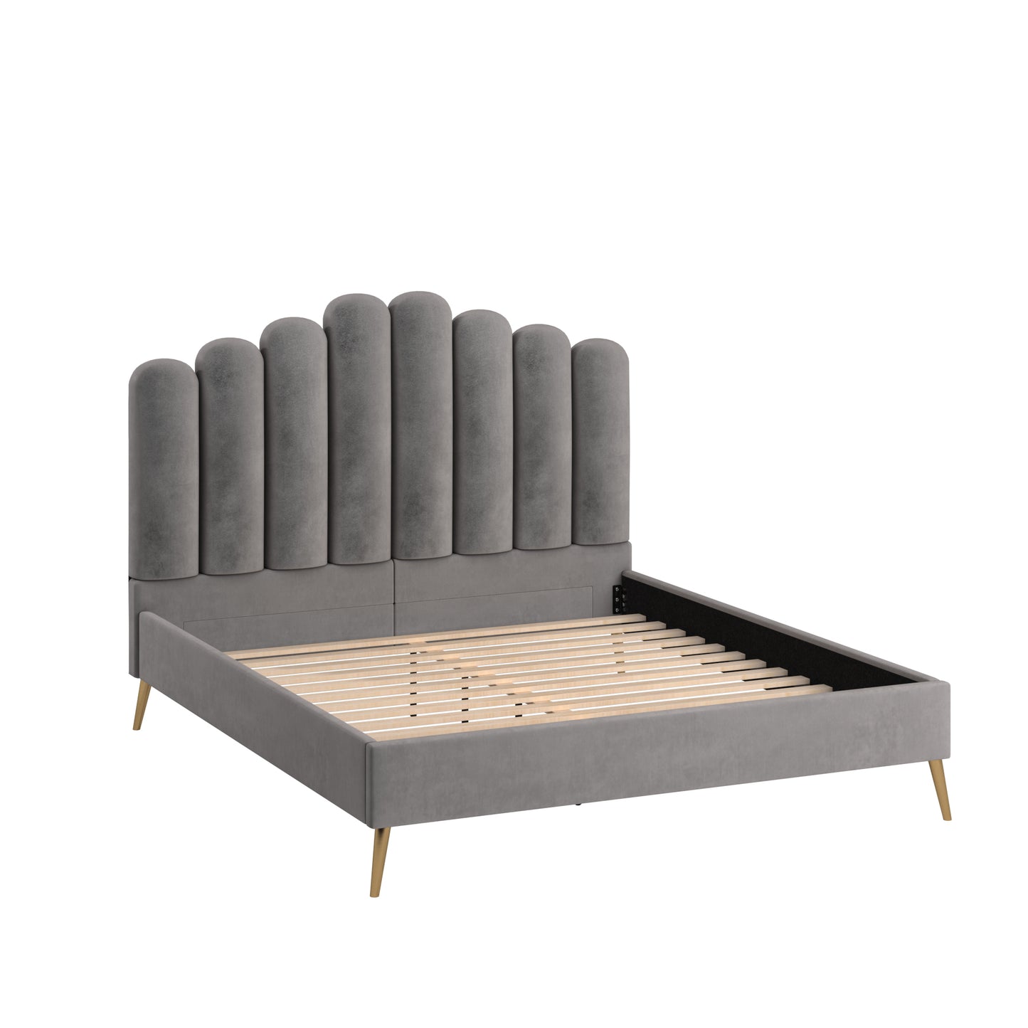 Art Deco Velvet Upholstered Platform Bed - Grey, King
