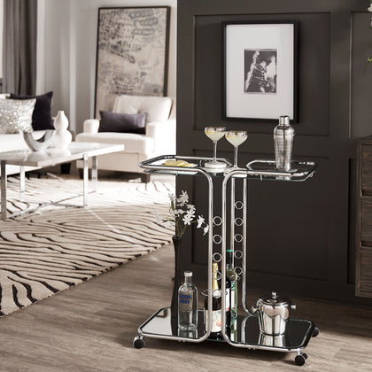 Chrome Finish Bar Cart with Mirror Top and Bottom
