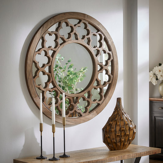 Reclaimed Wood Quatrefoil Cutout Round Wall Mirror