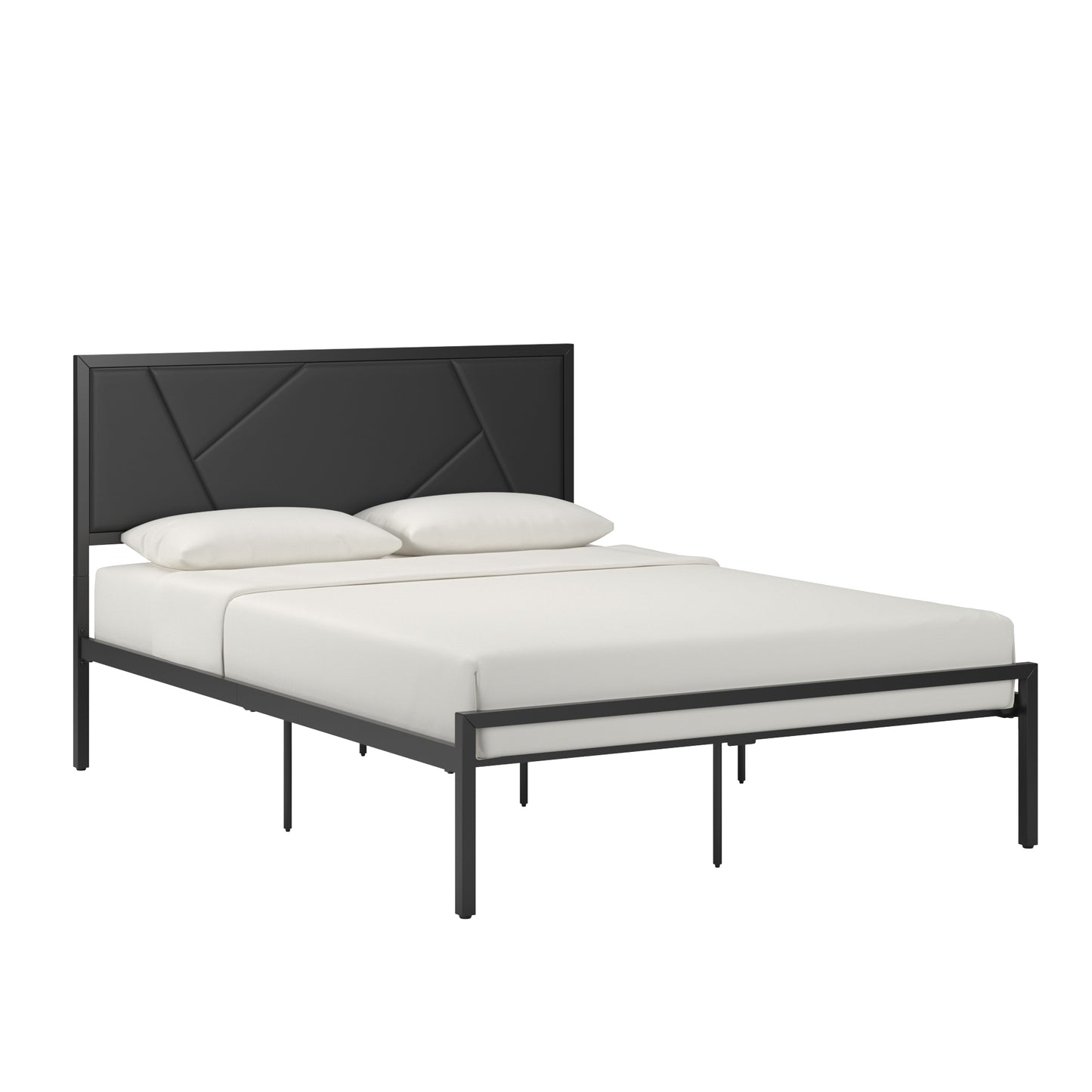 Metal Platform Bed with Geometric Headboard - Black Finish, Full (Full Size)