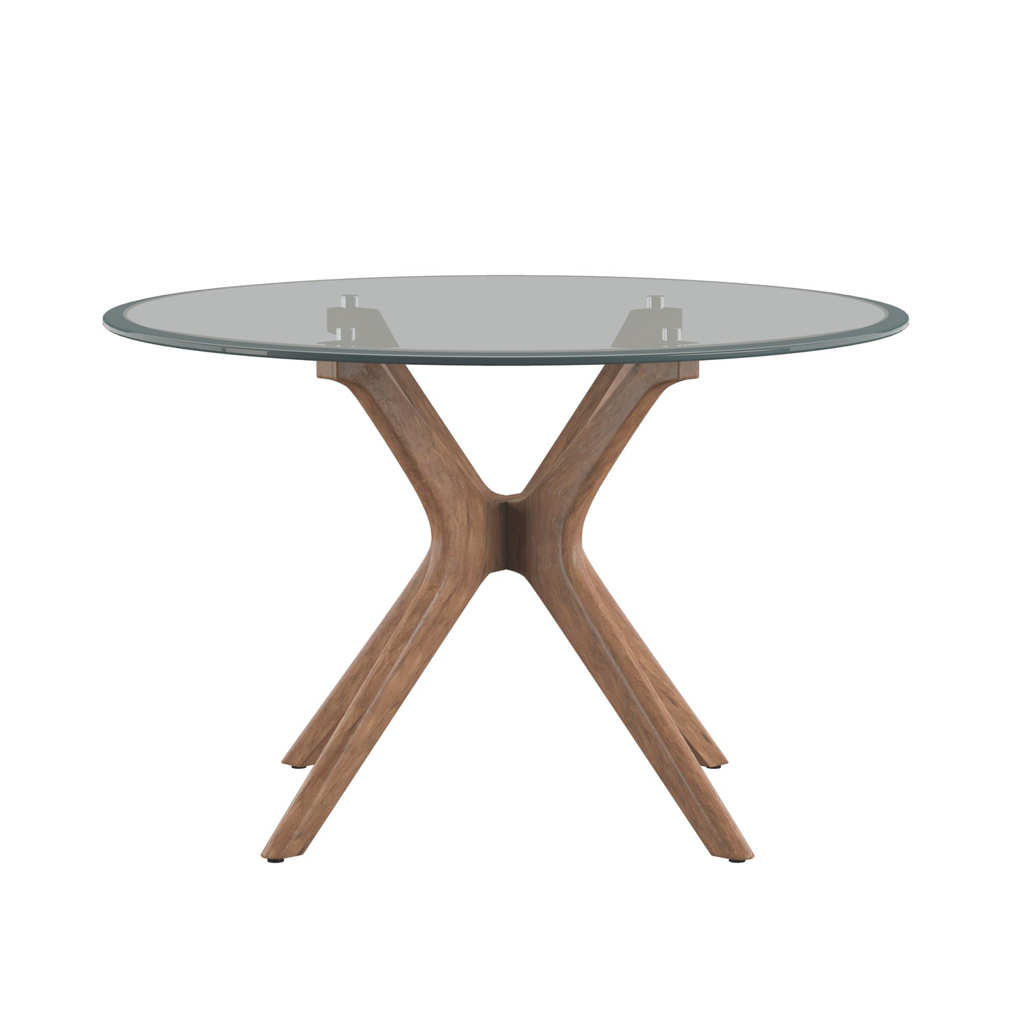 Mid-Century Walnut Finish Round Dining Table - Glass Top