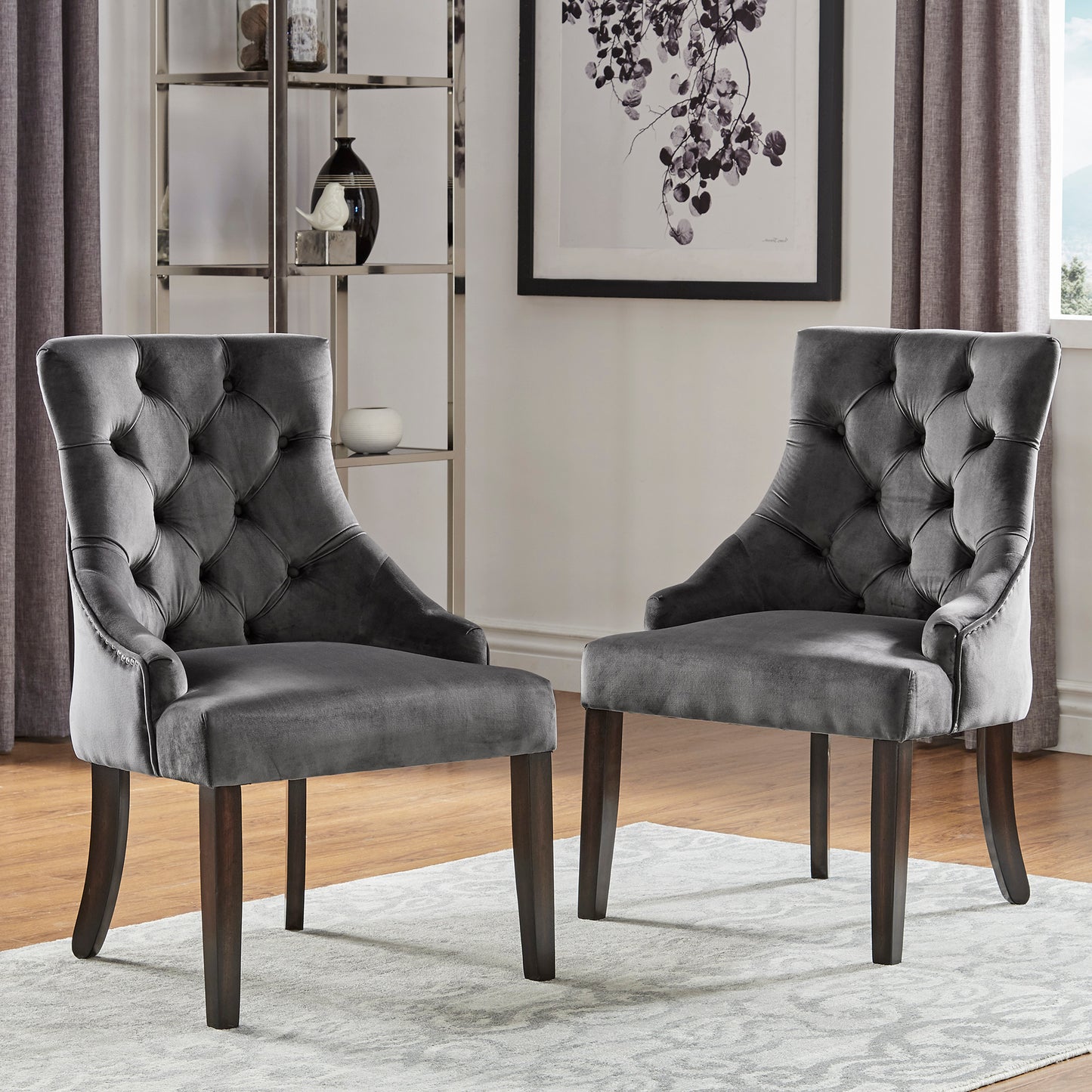 Velvet Button Tufted Wingback Dining Chairs (Set of 2) - Dark Grey Velvet